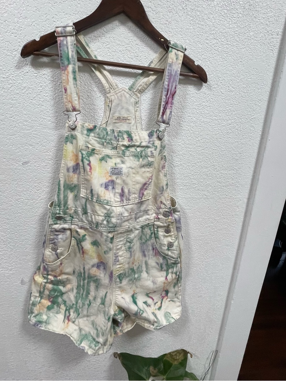Big  E Levi's Women Beige Tie Dye Relaxed Vintage Shortalls Overall Jumpsuit S